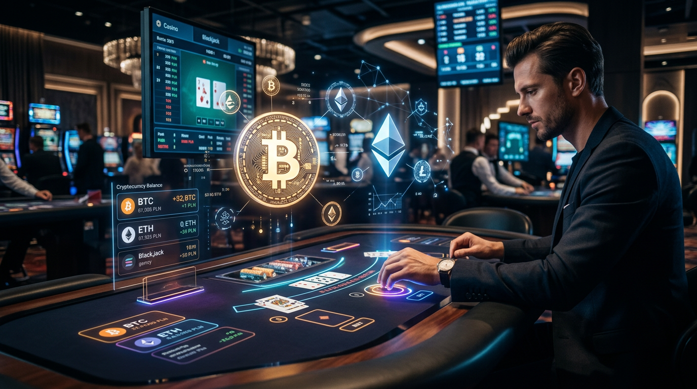 Futurystyczna scena przedstawiająca kryptowaluty i hazard online w 2026 roku